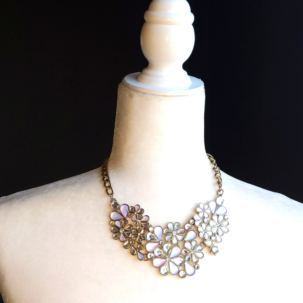 Vintage Pink Blue Silver Floral Statement Necklace